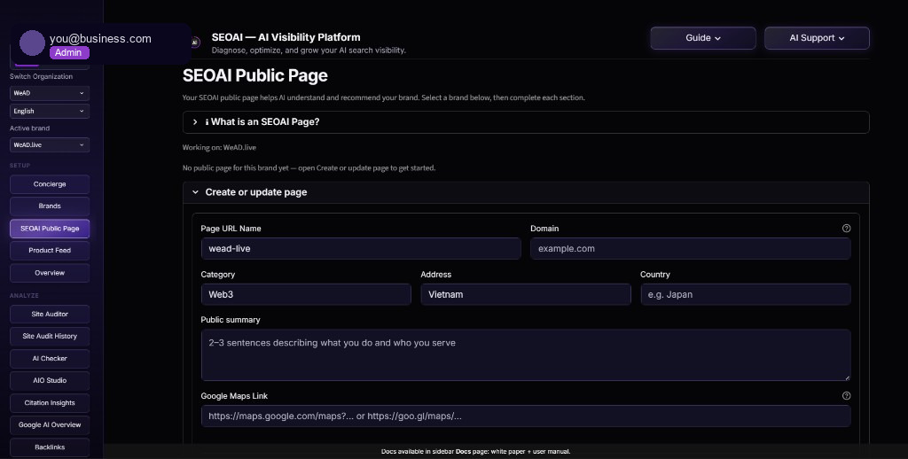 SEOAI dashboard — Create or update Public Page form