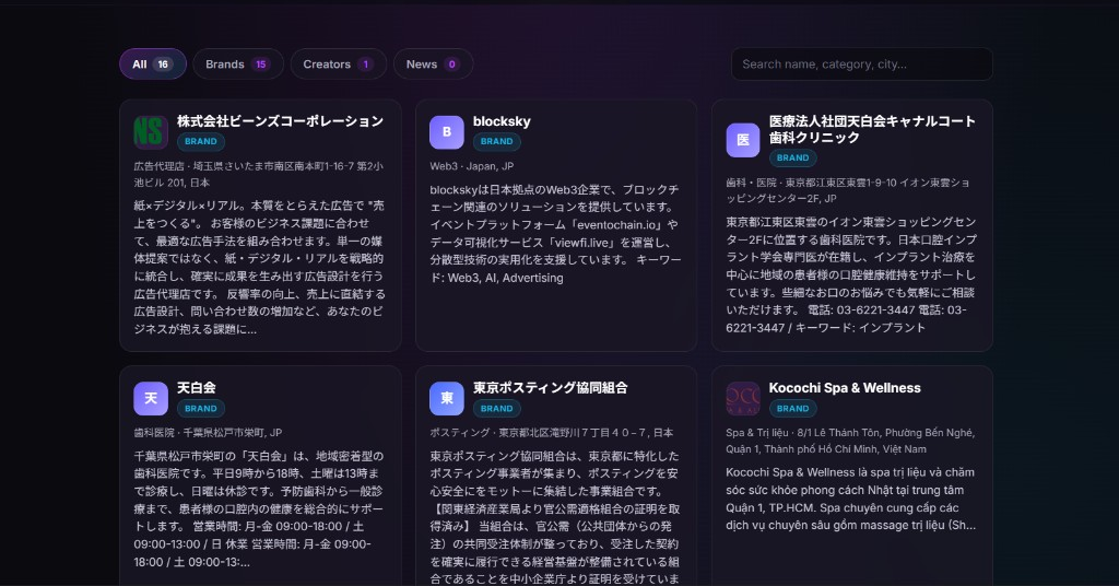 SEOAI Directory — published Public Pages in a searchable grid